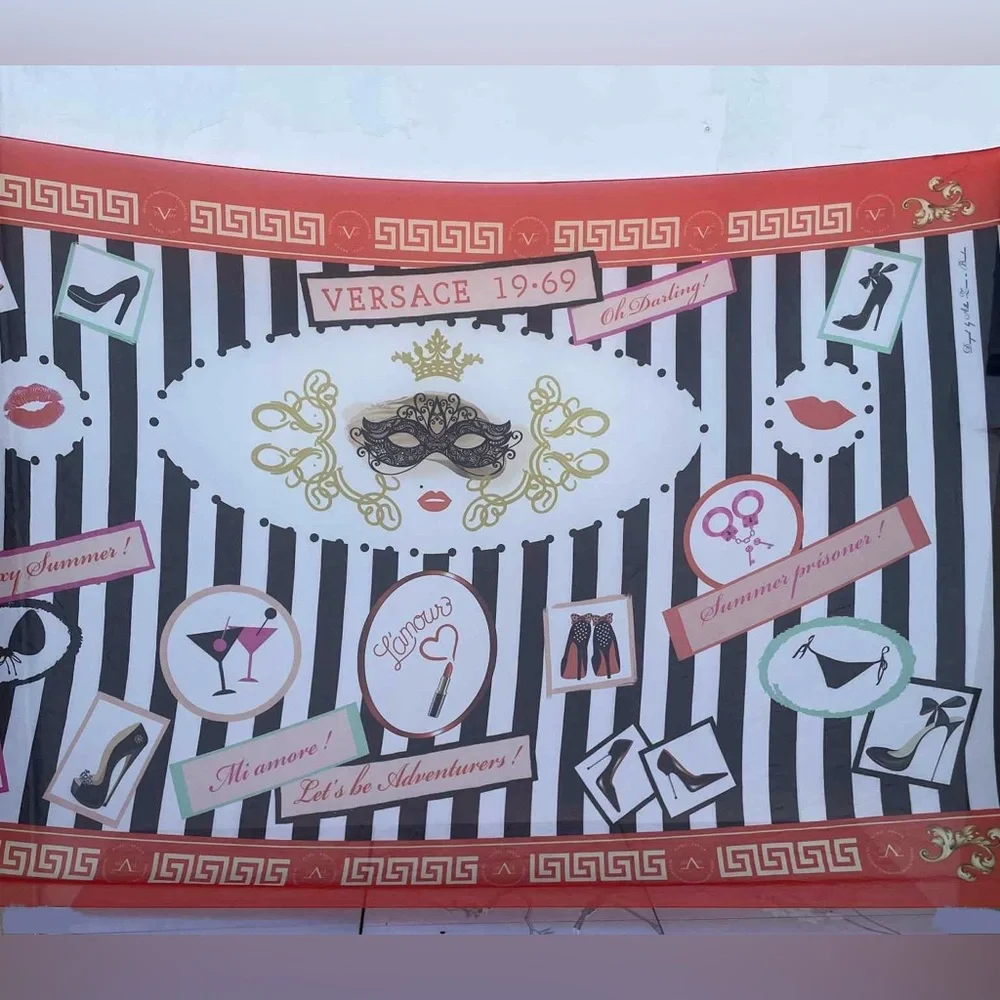 Vintage 1969 Versace Black and White Striped Scarf with Red and Gold Details